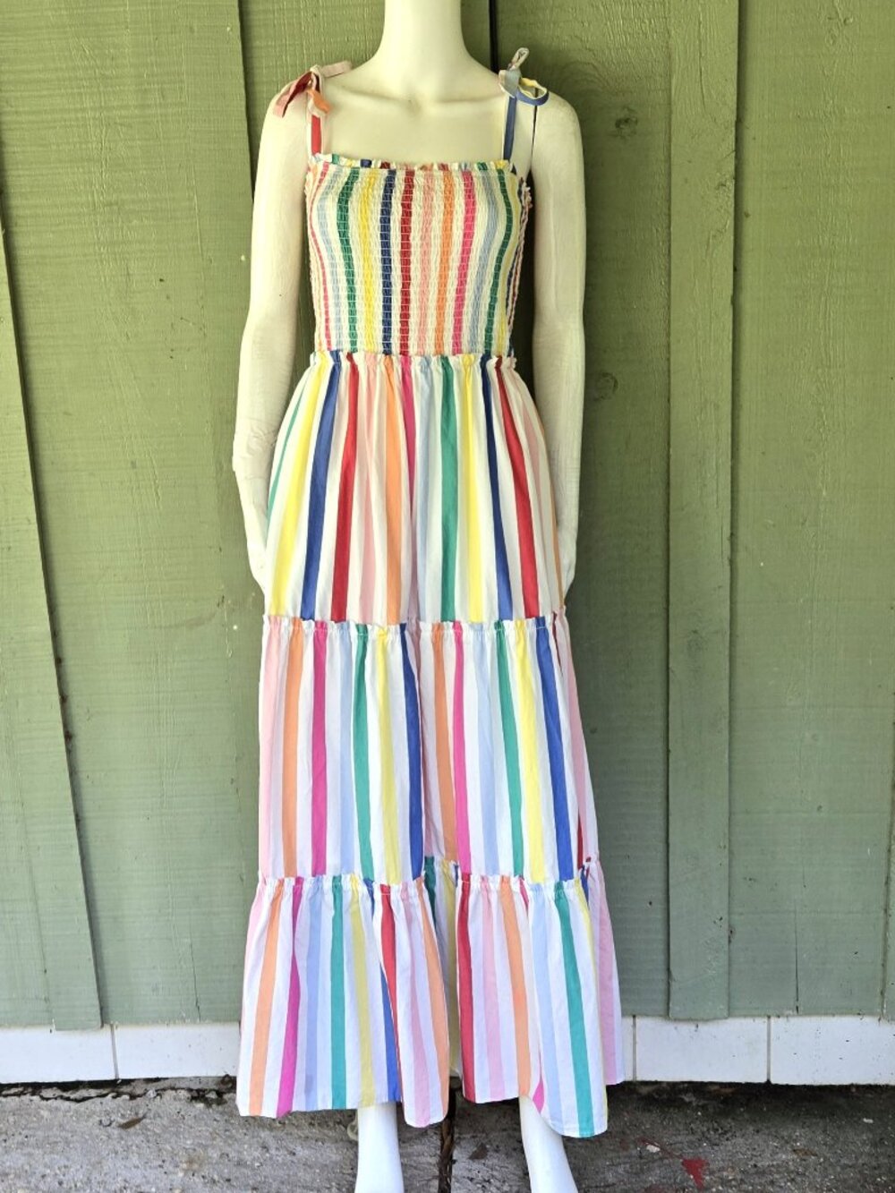 DRAPER JAMES RSVP Rainbow Stripe Smocked Maxi Dress Large
